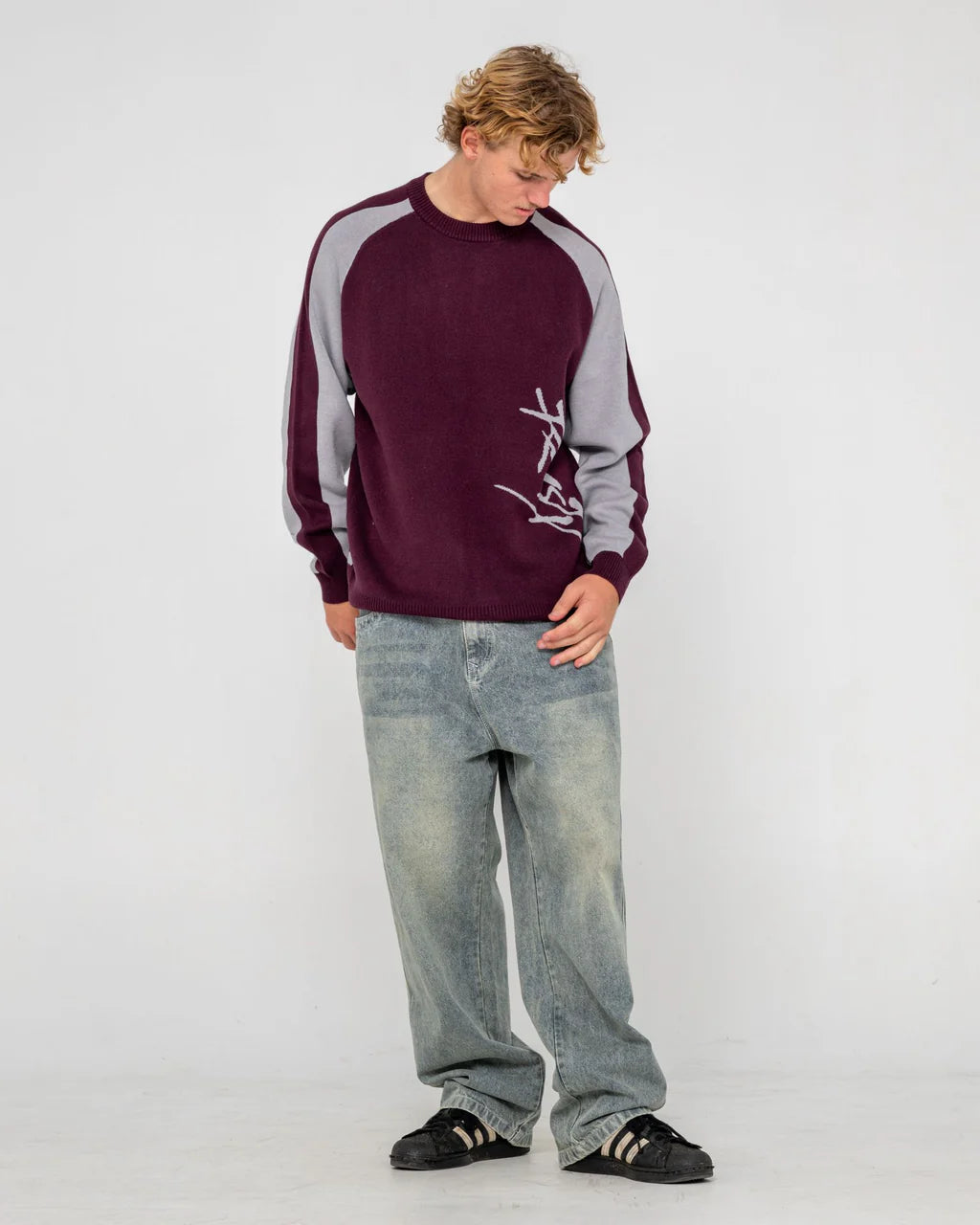RUSTY ROLL SAFE BOXY CREW NECK KNIT MENS JUMPER BURGUNDY