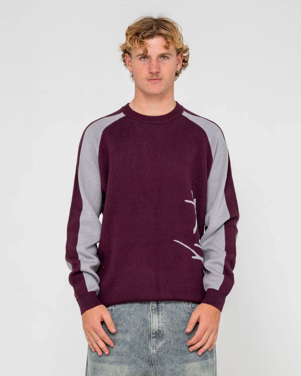 RUSTY ROLL SAFE BOXY CREW NECK KNIT MENS JUMPER BURGUNDY