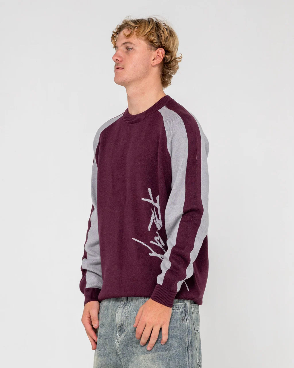 RUSTY ROLL SAFE BOXY CREW NECK KNIT MENS JUMPER BURGUNDY