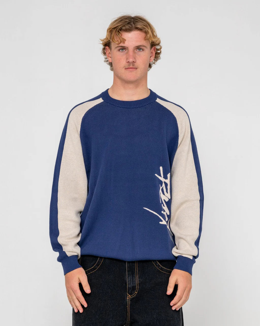 RUSTY ROLL SAFE BOXY CREW NECK KNIT MENS JUMPER DARK BLUE