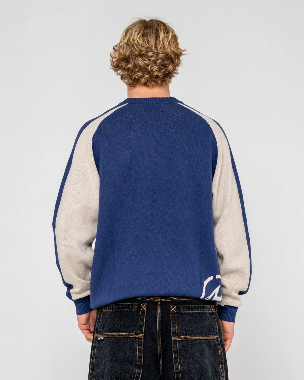 RUSTY ROLL SAFE BOXY CREW NECK KNIT MENS JUMPER DARK BLUE