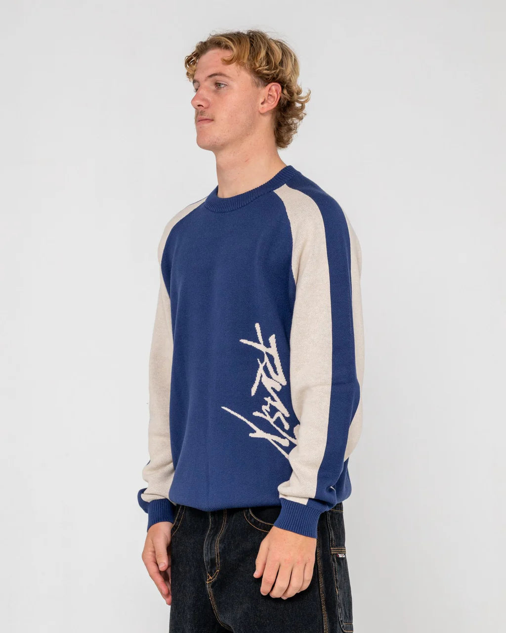 RUSTY ROLL SAFE BOXY CREW NECK KNIT MENS JUMPER DARK BLUE