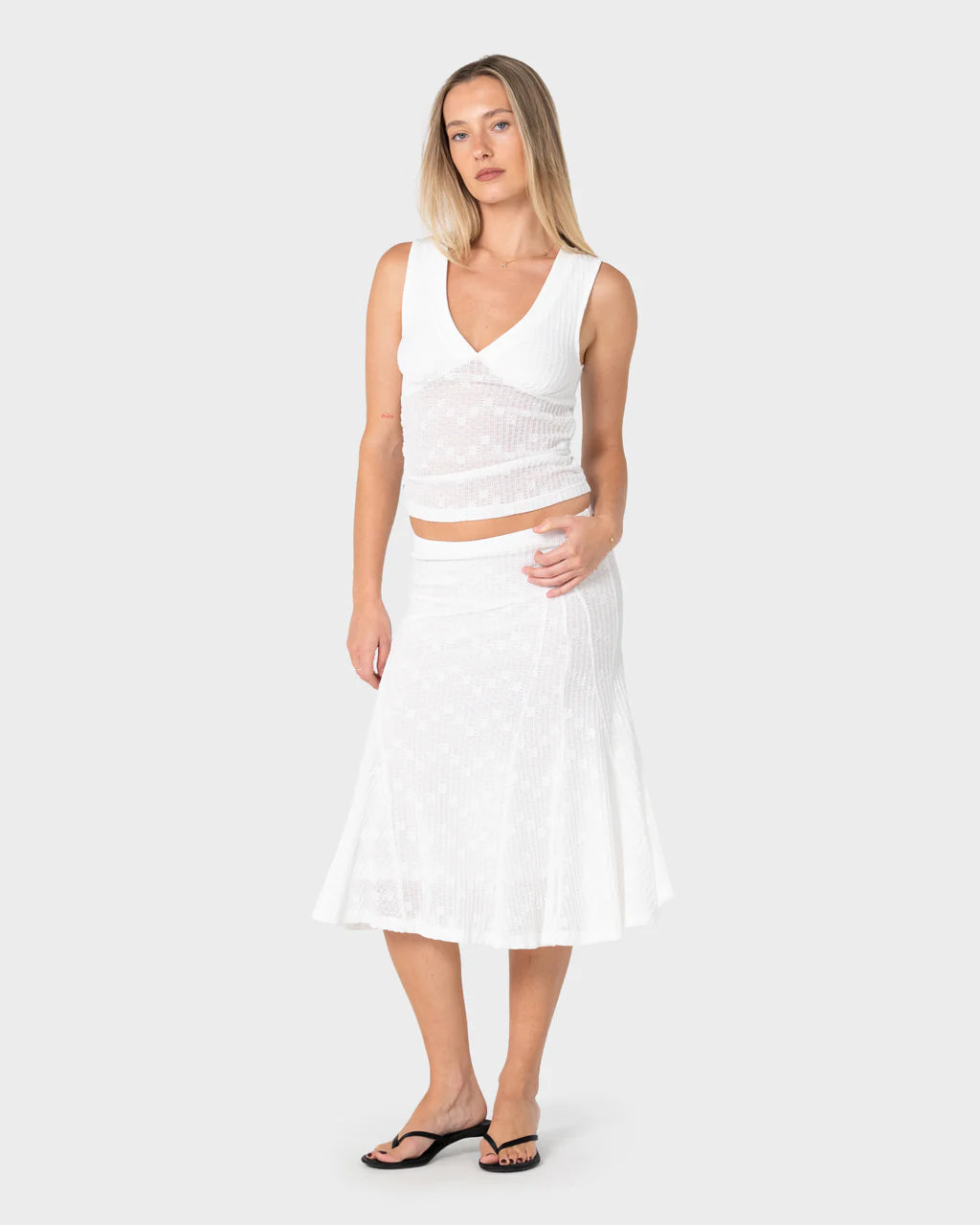 RUSTY ROMA LOW RISE LACE MIDI SKIRT – WHITE