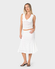 RUSTY ROMA LOW RISE LACE MIDI SKIRT – WHITE
