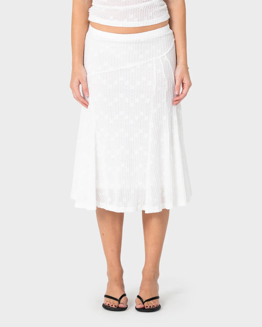 RUSTY ROMA LOW RISE LACE MIDI SKIRT – WHITE