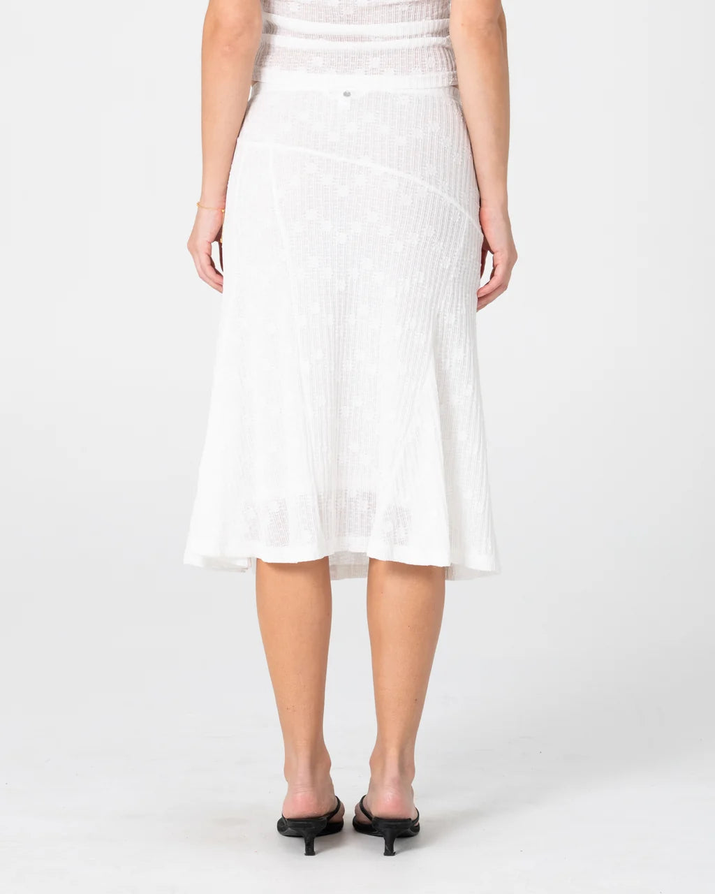 RUSTY ROMA LOW RISE LACE MIDI SKIRT – WHITE