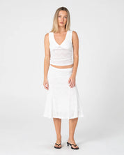 RUSTY ROMA LOW RISE LACE MIDI SKIRT – WHITE