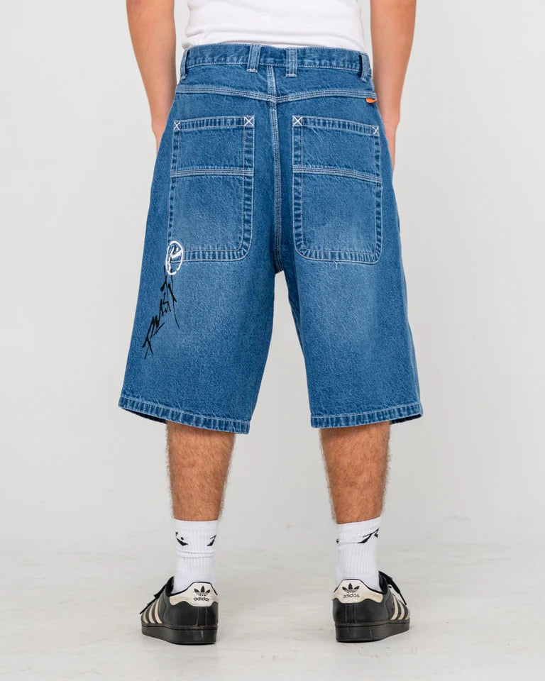 RUSTY SLAPPA 26" BAGGY JORT MENS ULTRA WIDE LEG DENIM SHORT – MIDDY BLUE