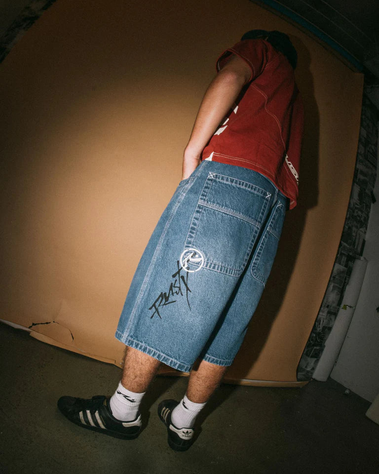 RUSTY SLAPPA 26" BAGGY JORT MENS ULTRA WIDE LEG DENIM SHORT – MIDDY BLUE