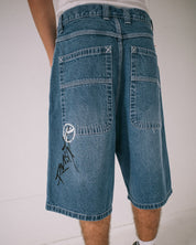 RUSTY SLAPPA 26" BAGGY JORT MENS ULTRA WIDE LEG DENIM SHORT – MIDDY BLUE