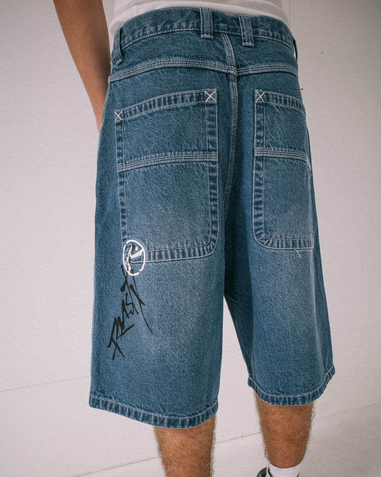RUSTY SLAPPA 26" BAGGY JORT MENS ULTRA WIDE LEG DENIM SHORT – MIDDY BLUE