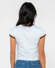 RUSTY SNAPPER CONTRAST RINGER MINI TEE – WOMENS RETRO FITTED TEE RETRO BLUE