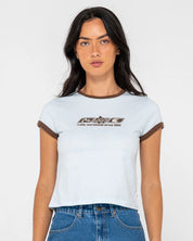 RUSTY SNAPPER CONTRAST RINGER MINI TEE – WOMENS RETRO FITTED TEE RETRO BLUE