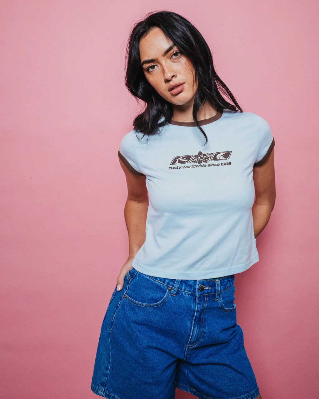 RUSTY SNAPPER CONTRAST RINGER MINI TEE – WOMENS RETRO FITTED TEE RETRO BLUE