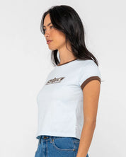 RUSTY SNAPPER CONTRAST RINGER MINI TEE – WOMENS RETRO FITTED TEE RETRO BLUE