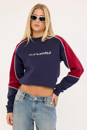 RUSTY SOUTH OF THE RIVER OVERSIZE CREW FLEECE WOMENS NAVY RED