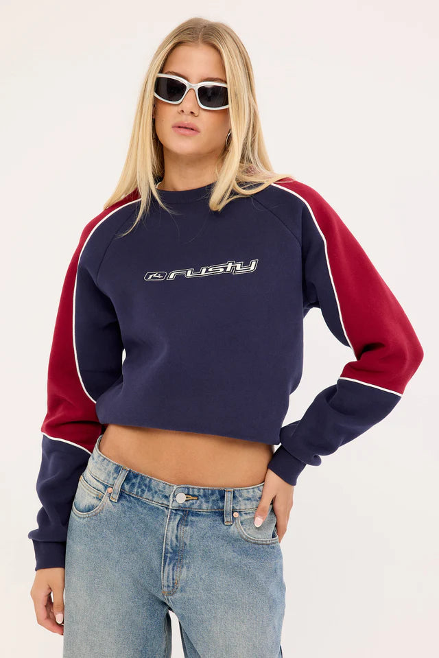 RUSTY SOUTH OF THE RIVER OVERSIZE CREW FLEECE WOMENS NAVY RED