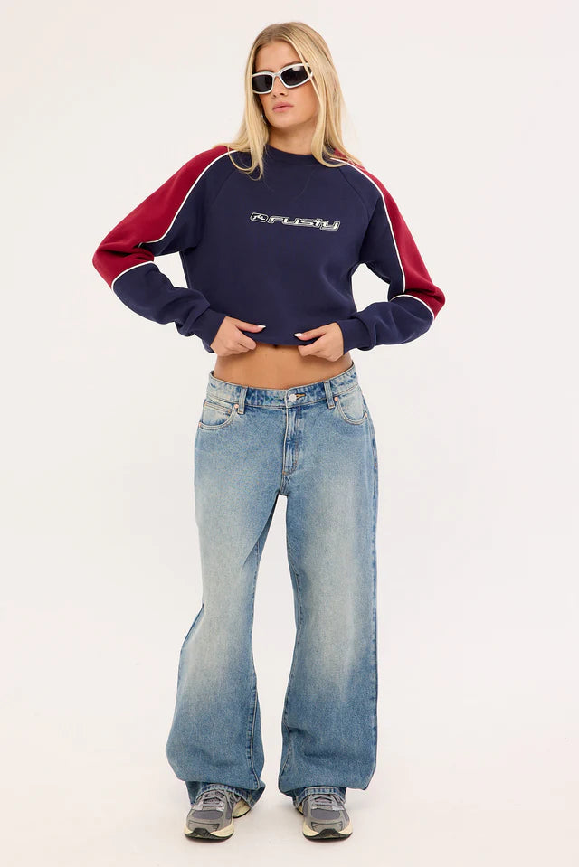 RUSTY SOUTH OF THE RIVER OVERSIZE CREW FLEECE WOMENS NAVY RED