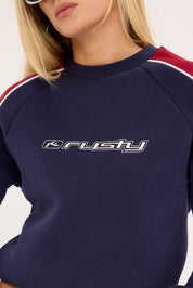 RUSTY SOUTH OF THE RIVER OVERSIZE CREW FLEECE WOMENS NAVY RED
