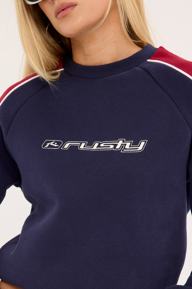RUSTY SOUTH OF THE RIVER OVERSIZE CREW FLEECE WOMENS NAVY RED