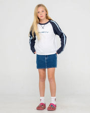 RUSTY SPORTY R RAGLAN LONG SLEEVE TEE GIRLS GRAPHIC TOP NAVY WHITE 8-14