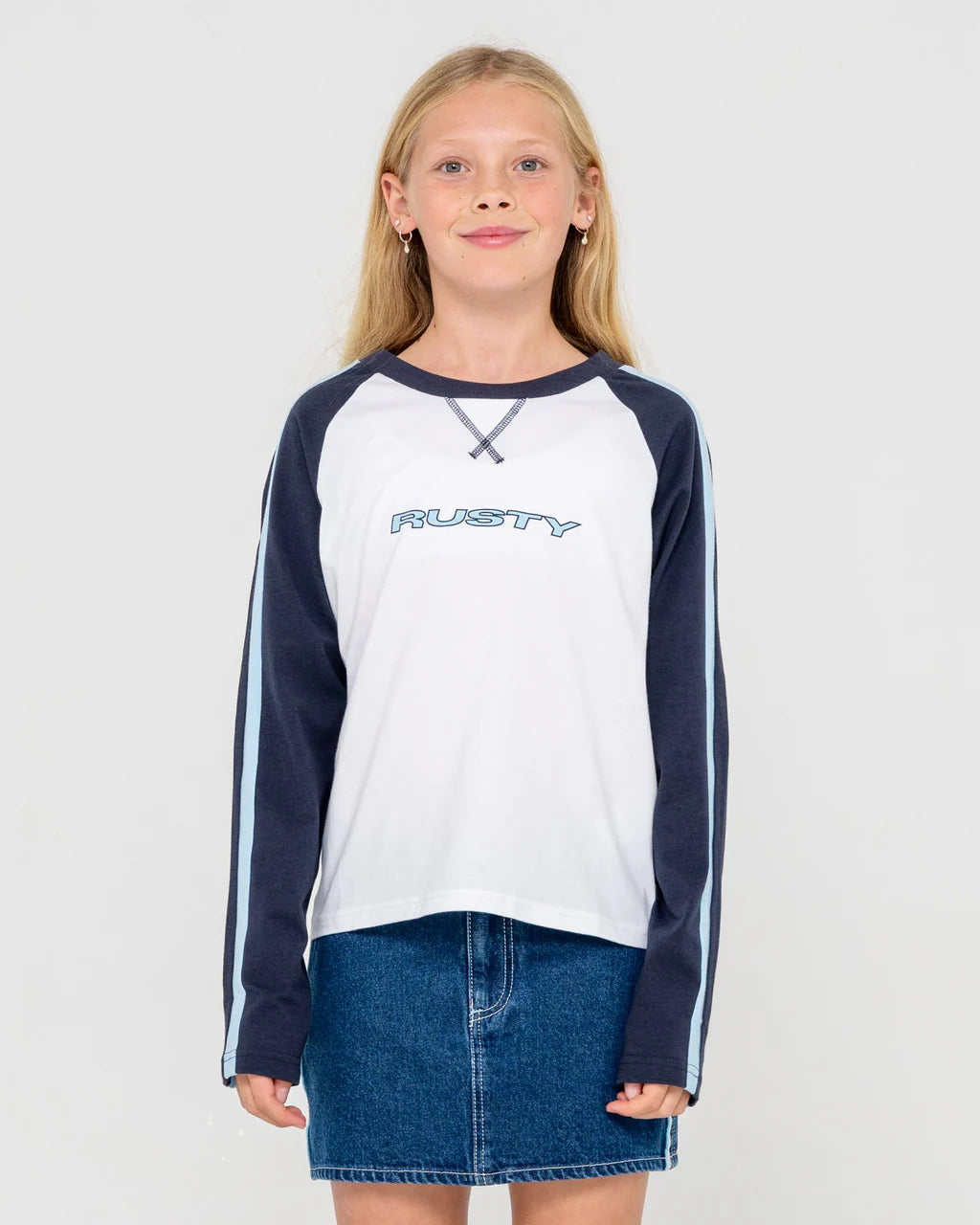 RUSTY SPORTY R RAGLAN LONG SLEEVE TEE GIRLS GRAPHIC TOP NAVY WHITE 8-14