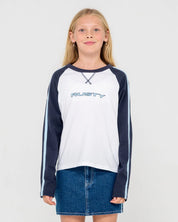 RUSTY SPORTY R RAGLAN LONG SLEEVE TEE GIRLS GRAPHIC TOP NAVY WHITE 8-14