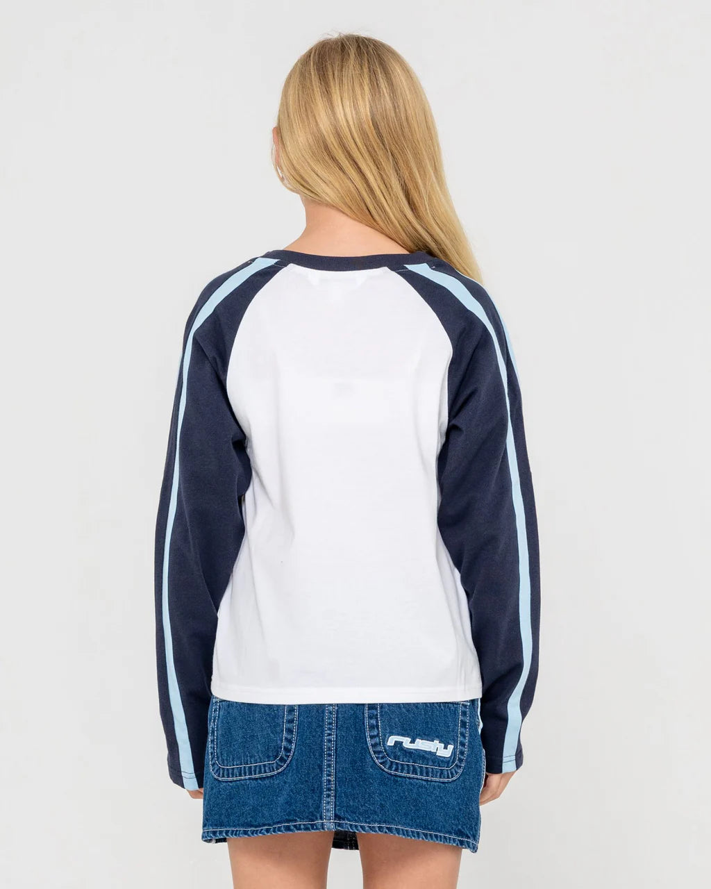 RUSTY SPORTY R RAGLAN LONG SLEEVE TEE GIRLS GRAPHIC TOP NAVY WHITE 8-14