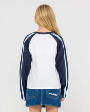 RUSTY SPORTY R RAGLAN LONG SLEEVE TEE GIRLS GRAPHIC TOP NAVY WHITE 8-14