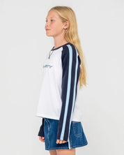 RUSTY SPORTY R RAGLAN LONG SLEEVE TEE GIRLS GRAPHIC TOP NAVY WHITE 8-14