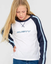 RUSTY SPORTY R RAGLAN LONG SLEEVE TEE GIRLS GRAPHIC TOP NAVY WHITE 8-14