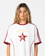 RUSTY STARRED DEVIL OVERSIZED TEE WOMENS RELAXED FIT GRAPHIC T SHIRT – CREAM RED
