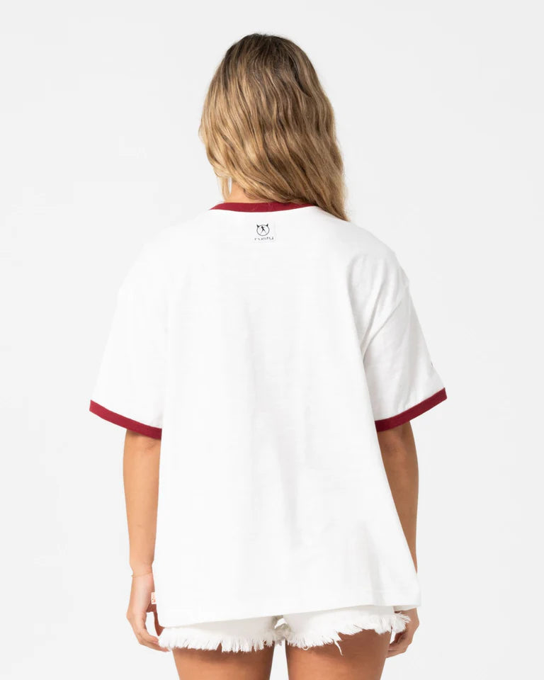 RUSTY STARRED DEVIL OVERSIZED TEE WOMENS RELAXED FIT GRAPHIC T SHIRT – CREAM RED