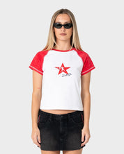 RUSTY STARRED DEVIL RAGLAN BABY TEE – WHITE / RED