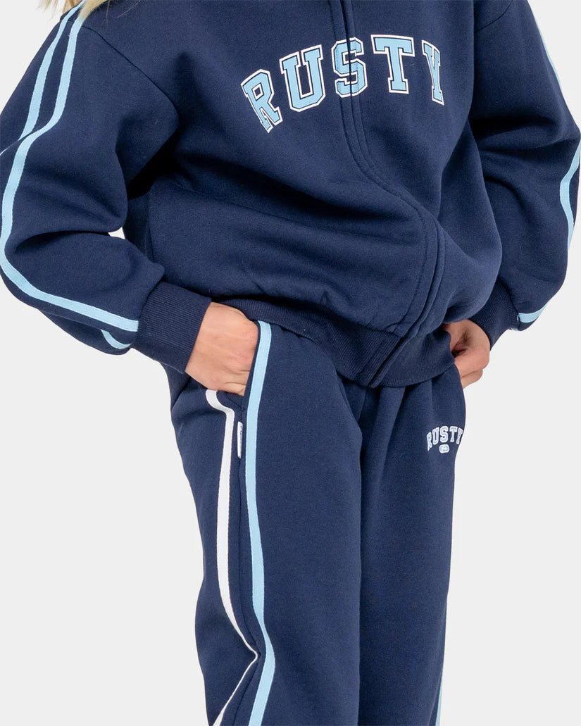 RUSTY TEAM VARSITY WIDE LEG JOGGER PANTS GIRLS TRACK PANTS NAVY