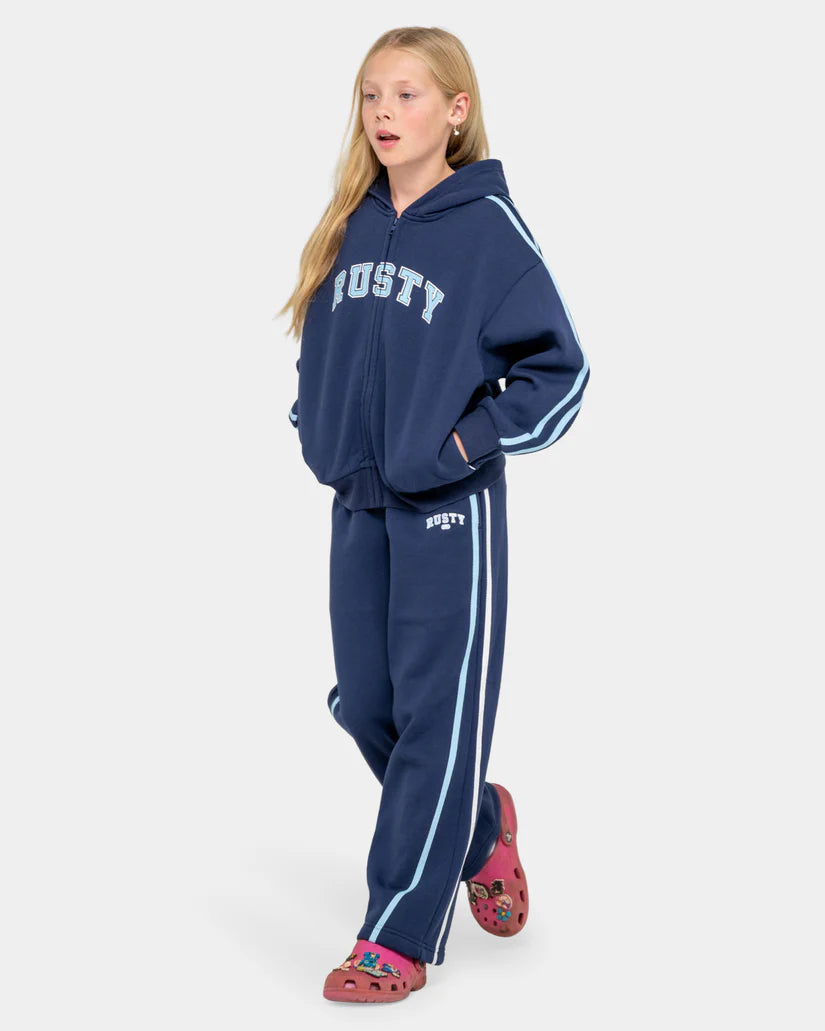 RUSTY TEAM VARSITY WIDE LEG JOGGER PANTS GIRLS TRACK PANTS NAVY