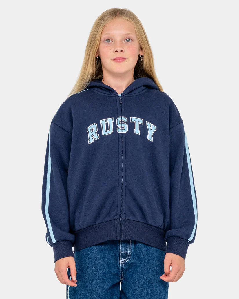 RUSTY TEAM VARSITY ZIP UP HOODIE GIRLS FLEECE JACKET NAVY