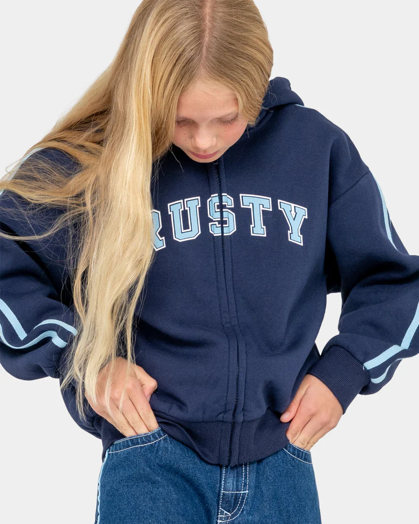 RUSTY TEAM VARSITY ZIP UP HOODIE GIRLS FLEECE JACKET NAVY