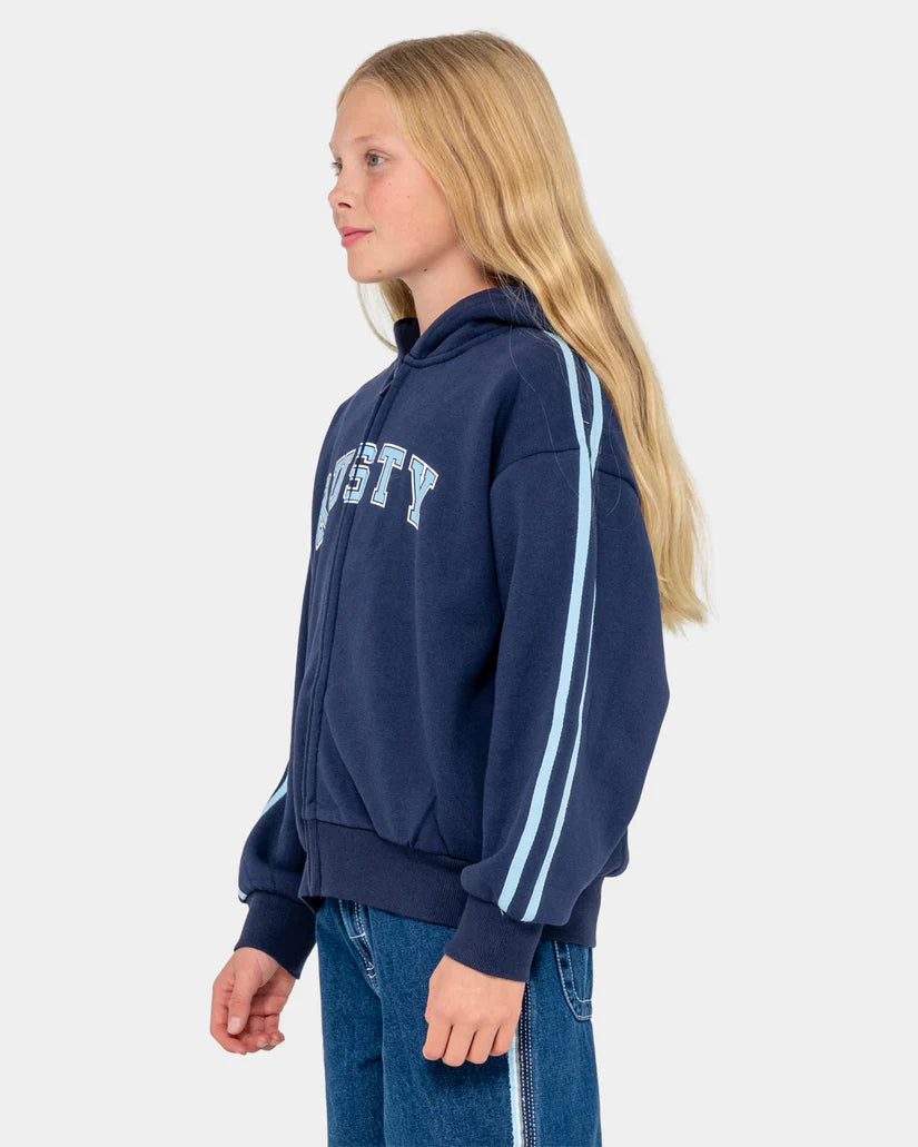 RUSTY TEAM VARSITY ZIP UP HOODIE GIRLS FLEECE JACKET NAVY