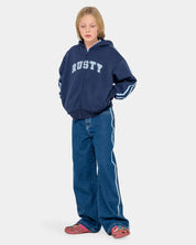 RUSTY TEAM VARSITY ZIP UP HOODIE GIRLS FLEECE JACKET NAVY