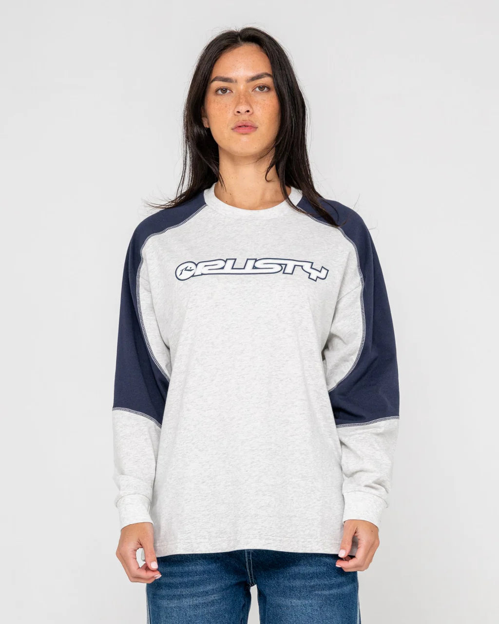 RUSTY TIMMY TARGET OVERSIZED LONG SLEEVE TEE WOMENS STREETWEAR TOP ECRU MARLE
