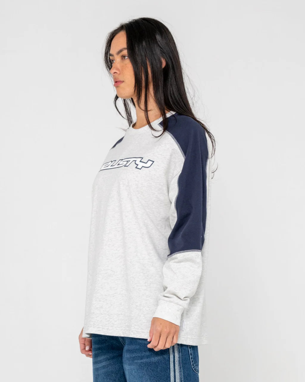 RUSTY TIMMY TARGET OVERSIZED LONG SLEEVE TEE WOMENS STREETWEAR TOP ECRU MARLE