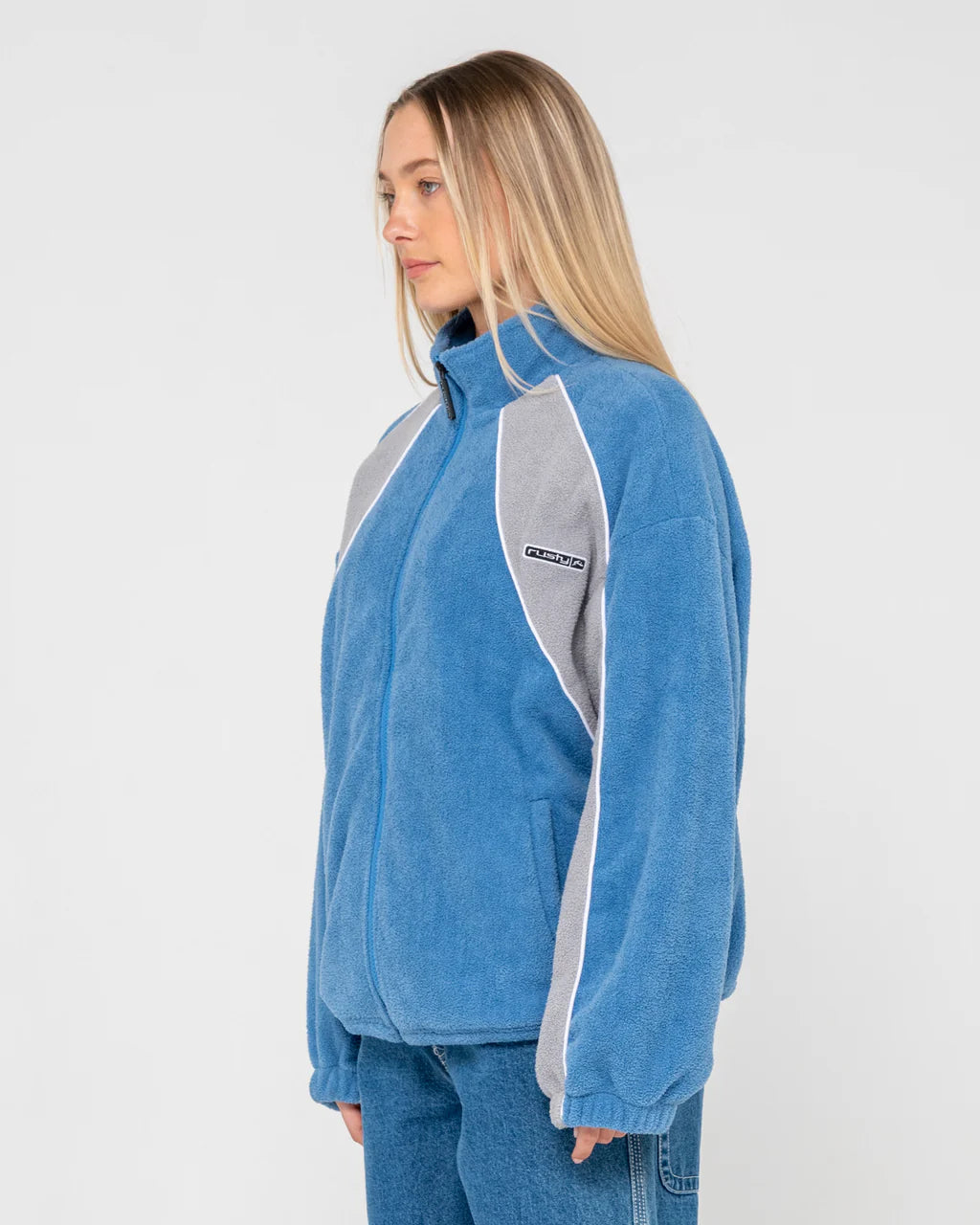 RUSTY TWO TIDES ZIP THROUGH SHERPA FLEECE WOMENS JACKET BLUE GREY