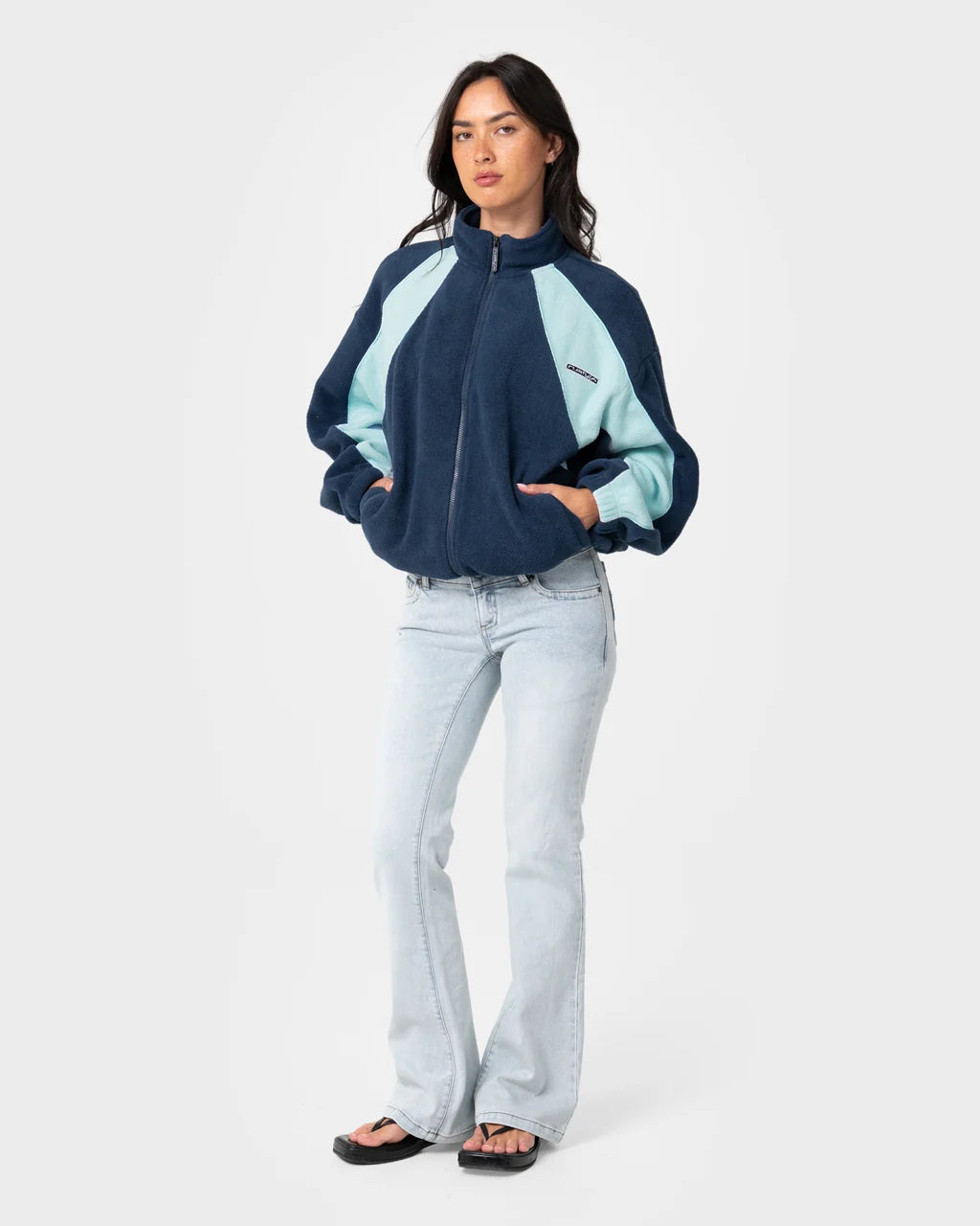 RUSTY TWO TIDES ZIP THROUGH SHERPA FLEECE – NAVY / LIGHT BLUE