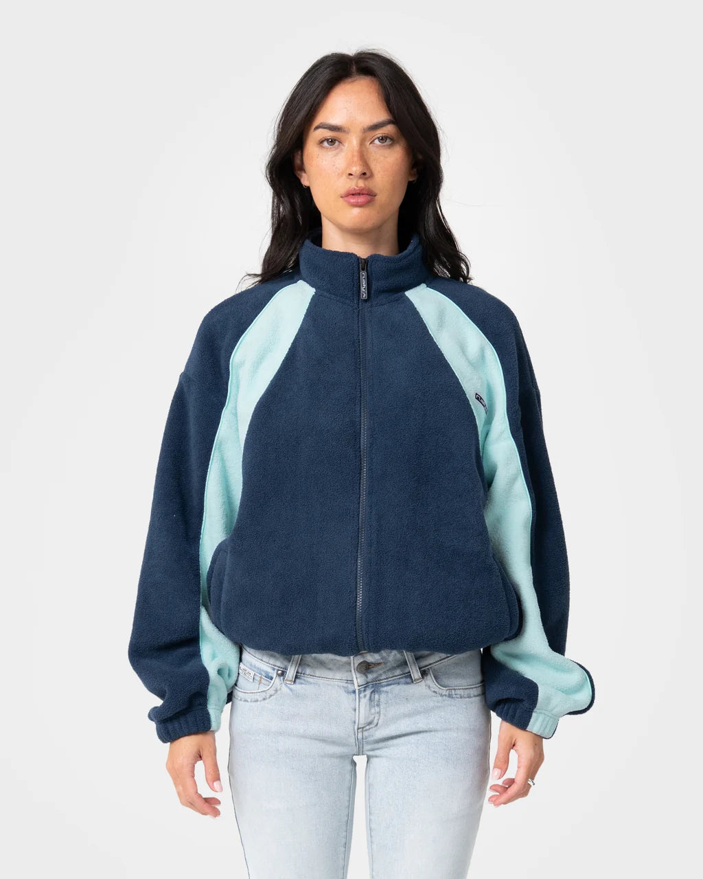 RUSTY TWO TIDES ZIP THROUGH SHERPA FLEECE – NAVY / LIGHT BLUE