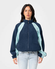 RUSTY TWO TIDES ZIP THROUGH SHERPA FLEECE – NAVY / LIGHT BLUE