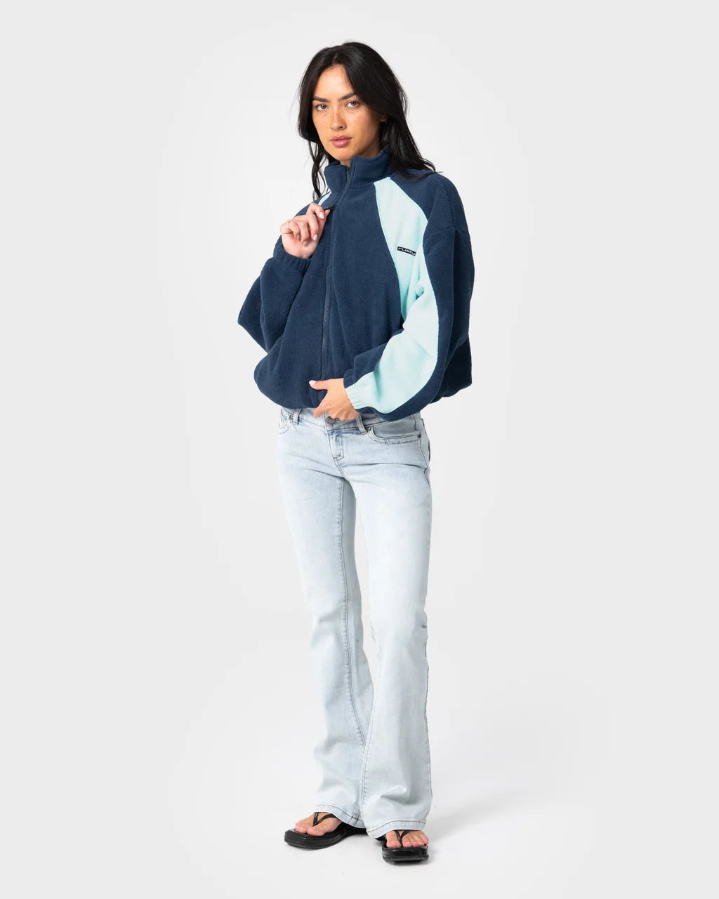RUSTY TWO TIDES ZIP THROUGH SHERPA FLEECE – NAVY / LIGHT BLUE