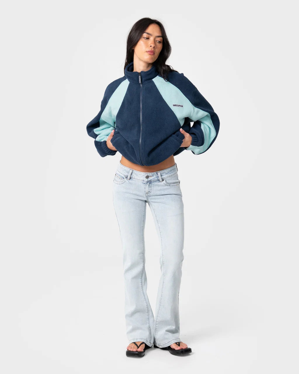 RUSTY TWO TIDES ZIP THROUGH SHERPA FLEECE – NAVY / LIGHT BLUE