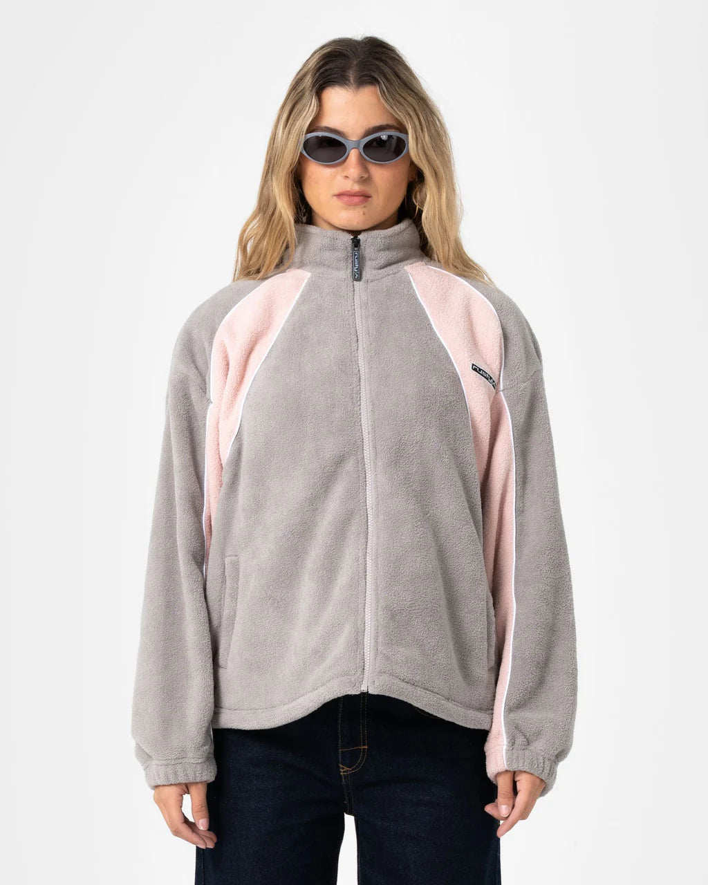 RUSTY TWO TIDES ZIP THROUGH SHERPA FLEECE – PINK A BOO / GREY
