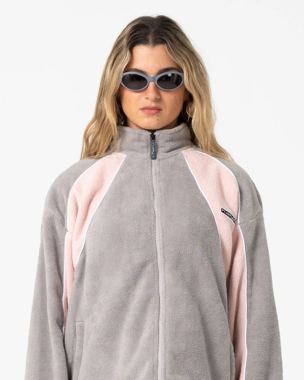RUSTY TWO TIDES ZIP THROUGH SHERPA FLEECE – PINK A BOO / GREY